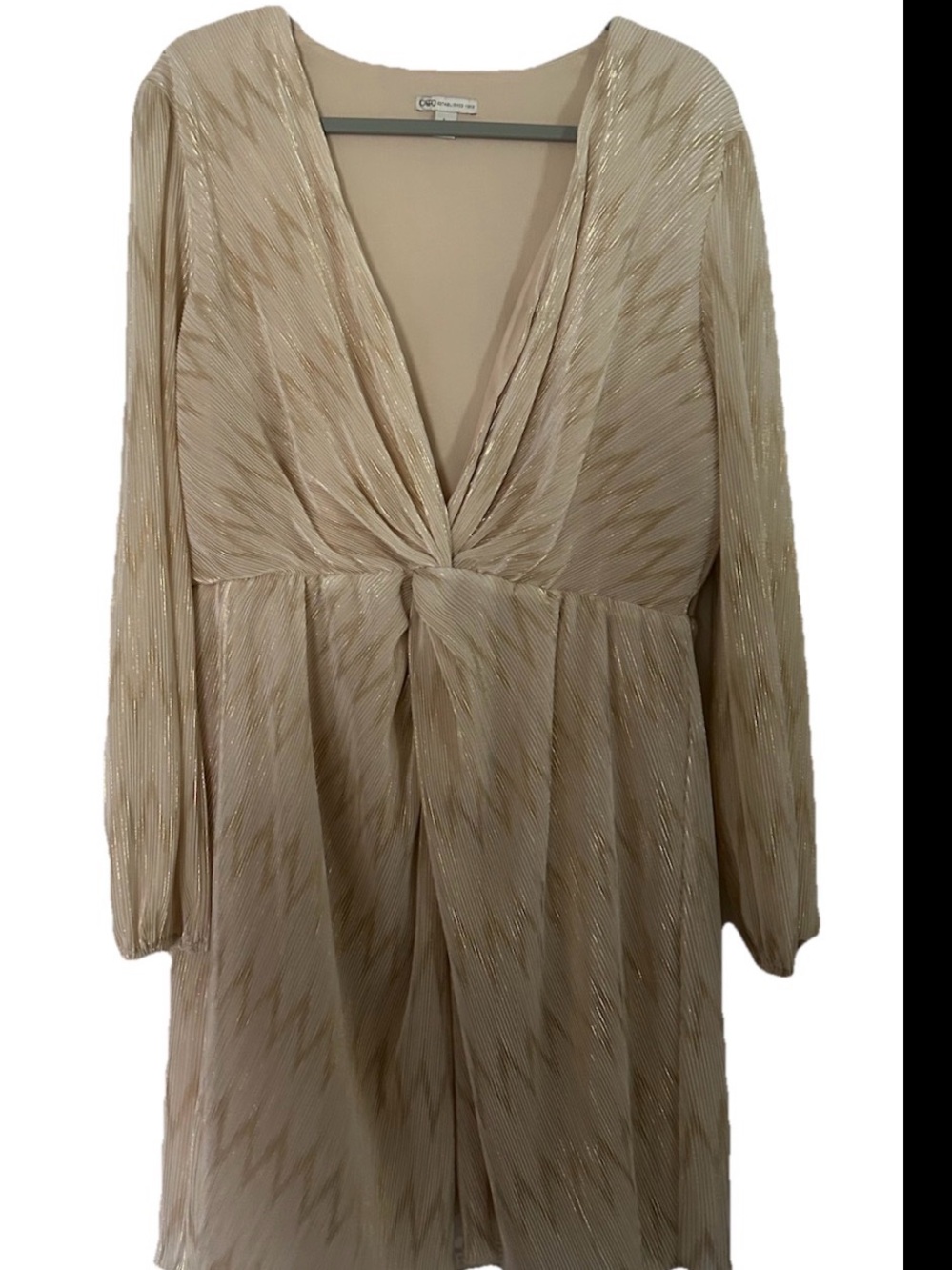 Cato’s Women’s L Gold-Accent Cream Metallic Pleated V-Neck Dress